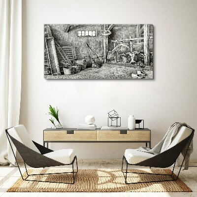 Foto auf leinwand Ein Pferch mit Kühen und Werkzeug