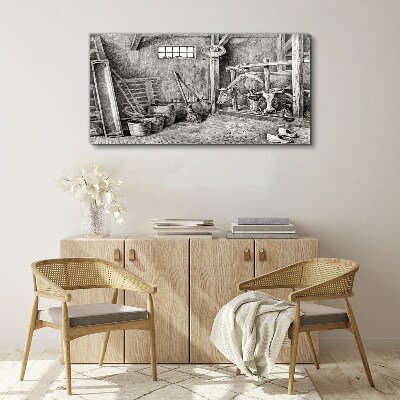 Foto auf leinwand Ein Pferch mit Kühen und Werkzeug