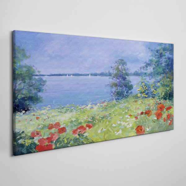 Foto auf leinwand Blumenlandschaft am See