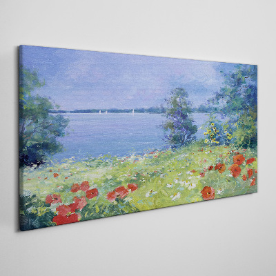 Foto auf leinwand Blumenlandschaft am See
