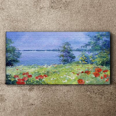 Foto auf leinwand Blumenlandschaft am See