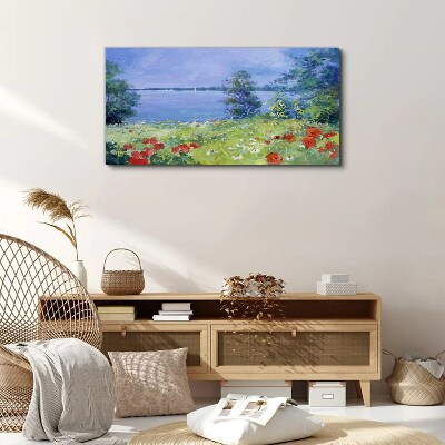 Foto auf leinwand Blumenlandschaft am See