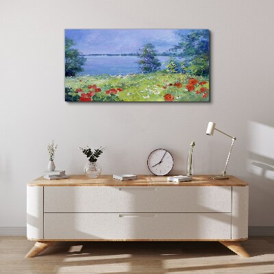 Foto auf leinwand Blumenlandschaft am See