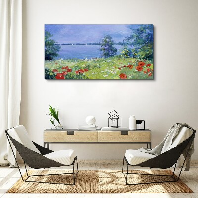 Foto auf leinwand Blumenlandschaft am See