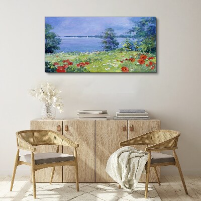 Foto auf leinwand Blumenlandschaft am See