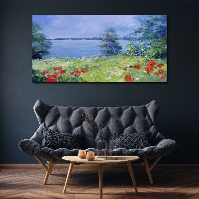 Foto auf leinwand Blumenlandschaft am See