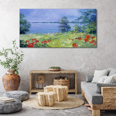 Foto auf leinwand Blumenlandschaft am See