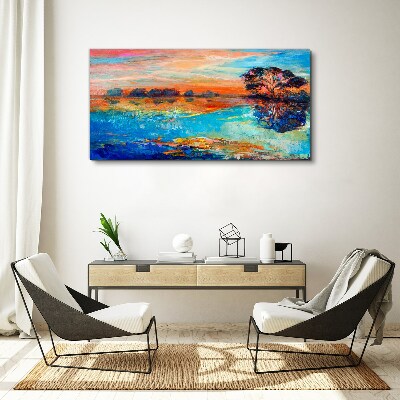 Foto auf leinwand Sonnenuntergang über dem See