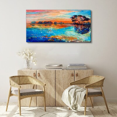 Foto auf leinwand Sonnenuntergang über dem See