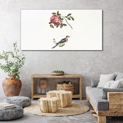 Bild auf leinwand Rose und Vogel auf weißem Hintergrund