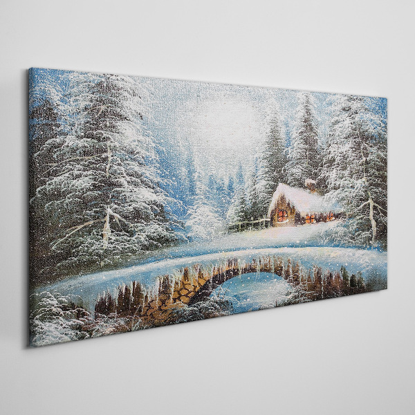 Foto auf leinwand Winterlandschaft mit einer Hütte im Wald