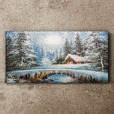 Foto auf leinwand Winterlandschaft mit einer Hütte im Wald