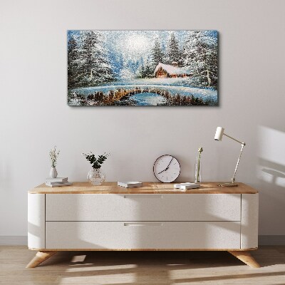 Foto auf leinwand Winterlandschaft mit einer Hütte im Wald