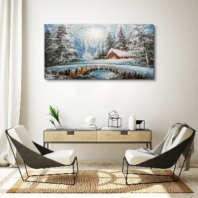 Foto auf leinwand Winterlandschaft mit einer Hütte im Wald