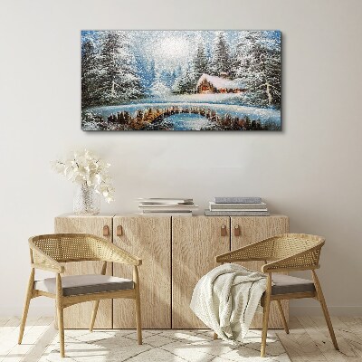 Foto auf leinwand Winterlandschaft mit einer Hütte im Wald