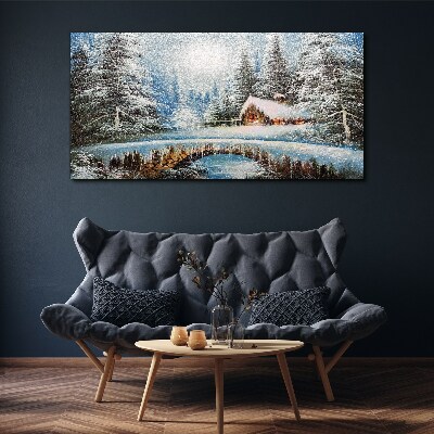 Foto auf leinwand Winterlandschaft mit einer Hütte im Wald