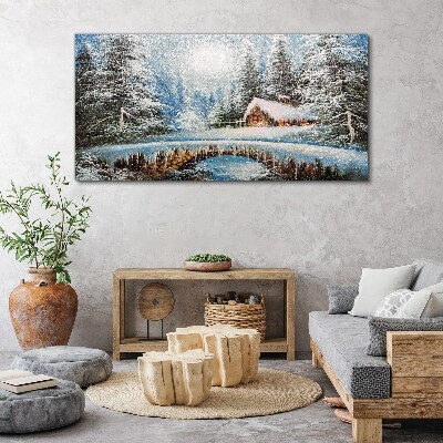 Foto auf leinwand Winterlandschaft mit einer Hütte im Wald