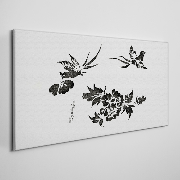 Foto auf leinwand Vögel und Blumen in Schwarz und Weiß