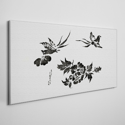Foto auf leinwand Vögel und Blumen in Schwarz und Weiß