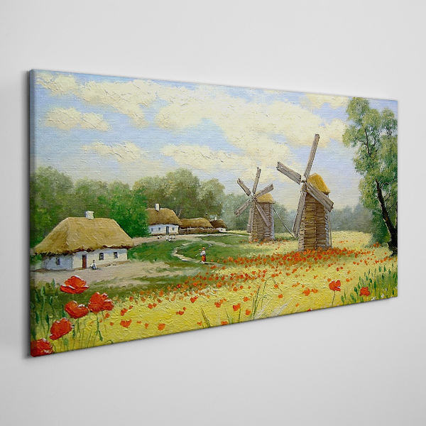 Foto auf leinwand Dorf Wolken Blumen Mohn