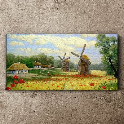 Foto auf leinwand Ländliche Landschaft mit Windmühlen