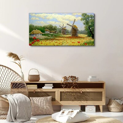 Foto auf leinwand Ländliche Landschaft mit Windmühlen