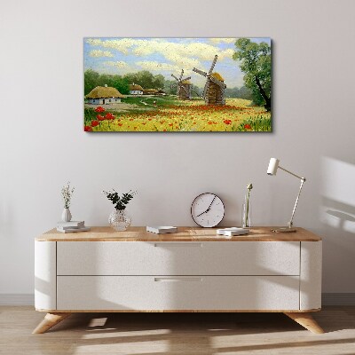 Foto auf leinwand Ländliche Landschaft mit Windmühlen