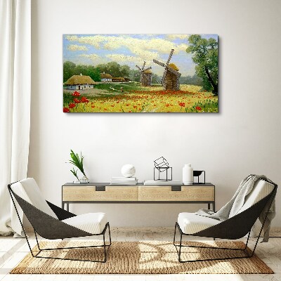 Foto auf leinwand Ländliche Landschaft mit Windmühlen