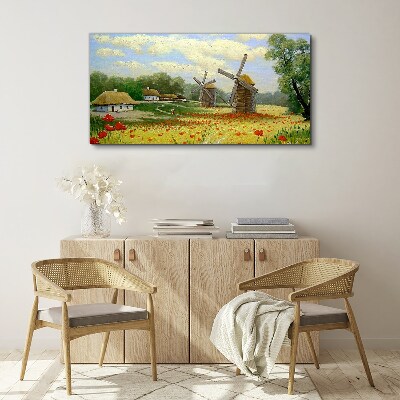Foto auf leinwand Ländliche Landschaft mit Windmühlen