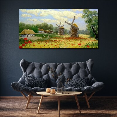 Foto auf leinwand Ländliche Landschaft mit Windmühlen
