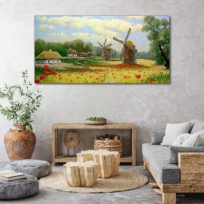 Foto auf leinwand Ländliche Landschaft mit Windmühlen