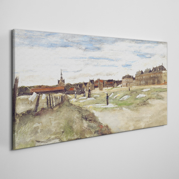 Foto auf leinwand Landschaft mit Figuren vor dem Hintergrund der Stadt