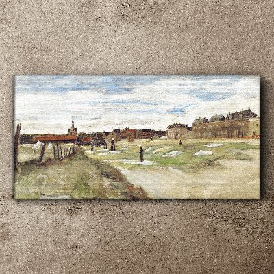 Foto auf leinwand Landschaft mit Figuren vor dem Hintergrund der Stadt