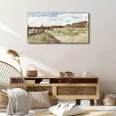 Foto auf leinwand Landschaft mit Figuren vor dem Hintergrund der Stadt