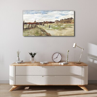 Foto auf leinwand Landschaft mit Figuren vor dem Hintergrund der Stadt