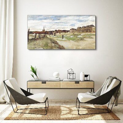Foto auf leinwand Landschaft mit Figuren vor dem Hintergrund der Stadt