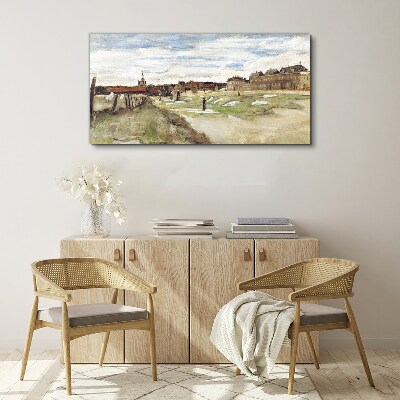 Foto auf leinwand Landschaft mit Figuren vor dem Hintergrund der Stadt