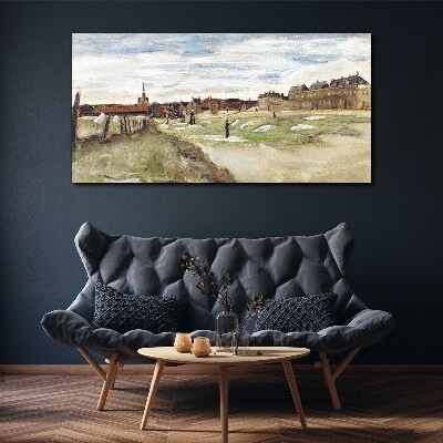 Foto auf leinwand Landschaft mit Figuren vor dem Hintergrund der Stadt