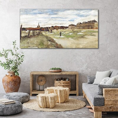 Foto auf leinwand Landschaft mit Figuren vor dem Hintergrund der Stadt