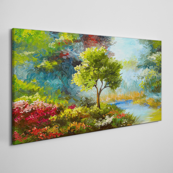 Foto leinwand Frühlingslandschaft mit einem Baum und Blumen