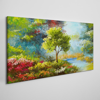 Foto leinwand Frühlingslandschaft mit einem Baum und Blumen
