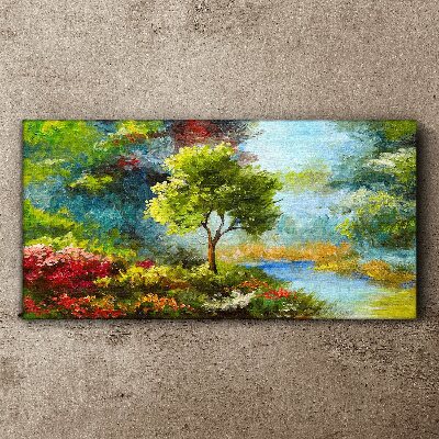 Foto leinwand Frühlingslandschaft mit einem Baum und Blumen