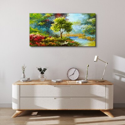 Foto leinwand Frühlingslandschaft mit einem Baum und Blumen
