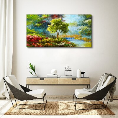 Foto leinwand Frühlingslandschaft mit einem Baum und Blumen