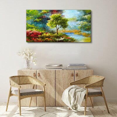 Foto leinwand Frühlingslandschaft mit einem Baum und Blumen