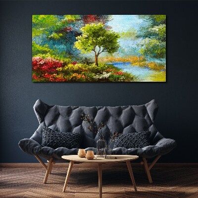 Foto leinwand Frühlingslandschaft mit einem Baum und Blumen