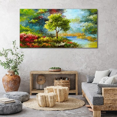 Foto leinwand Frühlingslandschaft mit einem Baum und Blumen