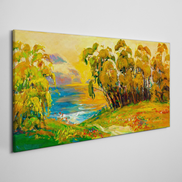 Foto auf leinwand Goldene Bäume über blauem Meer