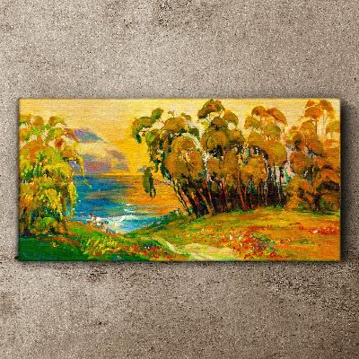 Foto auf leinwand Goldene Bäume über blauem Meer