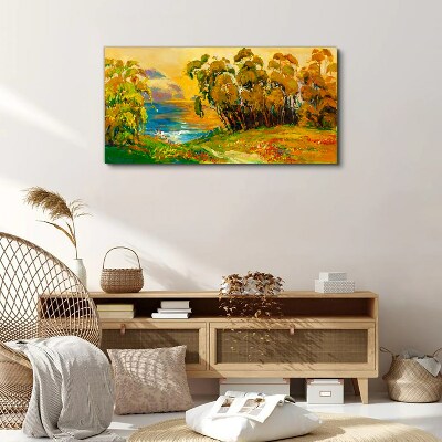 Foto auf leinwand Goldene Bäume über blauem Meer
